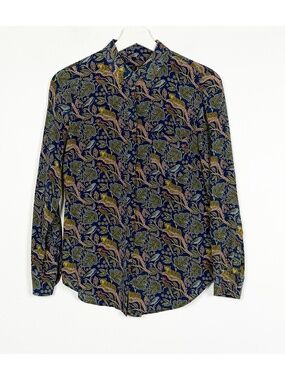 J. Crew Womens Shirt Blouse Top Size 4 Silk Button Leopard Floral Blue Green